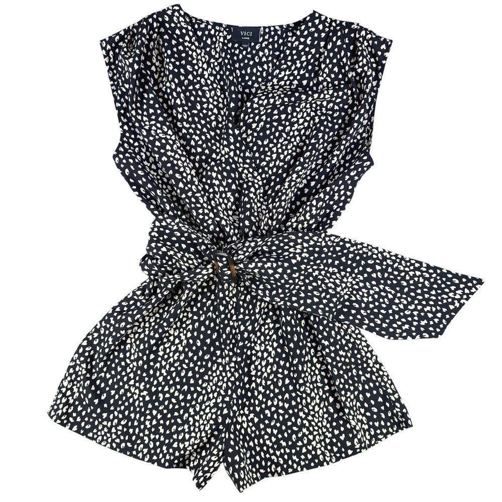 VICI Animal‎ Print Romper Womens Large Black White Belted Casual Summer Jumpsuit